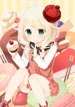  ahoge blonde_hair cupcake doughnut dress finger_licking food food_on_face fruit green_eyes hat icing idolmaster idolmaster_cinderella_girls licking low_twintails muku_(muku-coffee) panties pocky red_dress sitting smile solo strawberry tongue twintails underwear white_panties yusa_kozue 