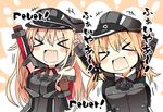  &gt;_&lt; anchor_hair_ornament bare_shoulders bismarck_(kantai_collection) blonde_hair blush breastplate closed_eyes detached_sleeves german gloves hair_ornament hat kantai_collection long_hair long_sleeves matsushita_yuu military military_hat military_uniform multiple_girls open_mouth peaked_cap prinz_eugen_(kantai_collection) translated twintails uniform 