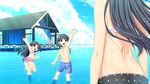  1boy 2girls barefoot black_eyes black_hair character_request fukami_nagisa game_cg highres koutaro long_hair multiple_girls open_mouth swimsuit tropical_kiss tropical_vacation twinkle_(company) twinkle_soft water 