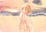  aki_shizuha bad_id bad_pixiv_id blonde_hair blush cloud cloudy_sky convenient_censoring embarrassed field from_behind hair_ornament highres leaf_hair_ornament looking_at_viewer looking_back mountain nude septet_(zrca_janne) short_hair sky solo sunrise touhou wind yellow_eyes 
