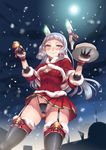 alternate_costume bell black_gloves black_legwear blush breasts capelet christmas cleavage cloud cloudy_sky from_below full_moon fur_trim garter_straps gloves headgear hiememiko highres holding kantai_collection long_hair looking_at_viewer microskirt moon murakumo_(kantai_collection) night outdoors santa_costume short_sleeves sidelocks silver_hair skirt skirt_set sky small_breasts smile solo thighhighs thong upskirt yellow_eyes 