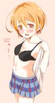  :o ahoge background_text bad_id bad_pixiv_id bangs black_bra blue_skirt blush bra breasts brown_eyes cleavage collarbone cowboy_shot fang from_side hair_between_eyes hoshizora_rin looking_at_viewer love_live! love_live!_school_idol_project midriff miniskirt navel onomatopoeia open_clothes open_mouth open_shirt orange_hair otonokizaka_school_uniform pink_background plaid plaid_skirt pleated_skirt school_uniform shirt short_hair short_sleeves simple_background skirt small_breasts solo standing stomach tearing_up tears tipii underwear undressing 