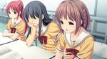  2girls black_hair breast_grab brown_eyes brown_hair crossdressing game_cg grabbing highres kitami_minamo koigakubo_chihaya koutaro long_hair multiple_girls ponytail red_hair short_hair smile table trap tropical_kiss tropical_vacation twinkle_(company) twinkle_soft 