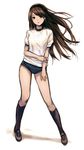  agnes_oblige bangs bravely_default:_flying_fairy bravely_default_(series) brown_eyes brown_hair buruma coffee-kizoku eyebrows_visible_through_hair full_body head_tilt holding_arm long_hair looking_at_viewer shirt short_sleeves simple_background solo sportswear standing white_background white_shirt 