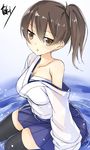  :o artist_name black_legwear blue_skirt breasts brown_eyes brown_hair collarbone hakama_skirt highres japanese_clothes kaga_(kantai_collection) kantai_collection looking_at_viewer medium_breasts off_shoulder pleated_skirt sarashi side_ponytail sitting sitting_on_water skirt sleeves_past_wrists solo thighhighs toki/ underwear 