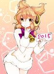  2015 alternate_costume animal_costume bell bra brown_hair earmuffs finger_to_mouth horns makuwauri messy_hair midriff navel new_year pointy_hair ribbon sheep_costume sheep_horns short_shorts shorts solo touhou toyosatomimi_no_miko underwear wool 