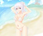  adjusting_hair arms_up bad_id bad_pixiv_id beach bikini breasts cloud cloudy_sky covered_nipples cowboy_shot day large_breasts lavender_eyes long_hair mononobe_no_futo mouth_hold navel outdoors ponytail septet_(zrca_janne) sky solo swimsuit touhou volcano white_bikini white_hair 