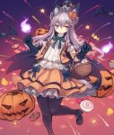  +_+ 1girl animal_ears basket bat bee_(deadflow) black_legwear bow candy cape concon-collector cookie elbow_gloves food gloves hair_ornament halloween hat jack-o&#039;-lantern jack-o&#039;-lantern_hair_ornament jacket leg_up lollipop long_hair pantyhose silver_hair solo standing standing_on_one_leg 