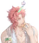  can green_eyes honey jojo_no_kimyou_na_bouken kakyouin_noriaki licking_hand male_focus maosanmu red_hair soda_can solo towel towel_around_neck 