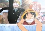  1girl 2boys angry animated animated_gif apron disguise going_merry hat kicking lowres monkey_d_luffy multiple_boys nami nami_(one_piece) one_piece sanji smile staff straw_hat 