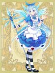  blue_eyes blue_hair blue_wings dennryuurai dress frills ice ice_wings long_hair mary_janes pantyhose psychic_hearts shoes solo staff striped striped_legwear wings 