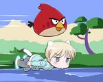  :&gt; angry_birds animal animal_ears beak bird blonde_hair blue_eyes blue_sky blush brave_witches crossover day eyebrows_visible_through_hair full_body grass kaneko_(novram58) machinery military military_uniform nikka_edvardine_katajainen parody plant pun red_(angry_birds) river short_hair sky striker_unit tail trait_connection tree uniform v-shaped_eyebrows volcano water weasel_ears weasel_tail world_witches_series 