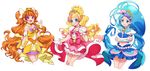  3girls amanogawa_kirara aqua_eyes arm_warmers blonde_hair blue_eyes blue_hair bow brown_hair choker crossed_arms cure_flora cure_mermaid cure_twinkle earrings flower_earrings gloves go!_princess_precure hair_ribbon half_updo haruno_haruka highres jewelry kaidou_minami long_hair low-tied_long_hair magical_girl midriff multicolored_hair multiple_girls pink_bow pink_hair pink_skirt precure puffy_sleeves purple_eyes purple_hair quad_tails red_hair ribbon seashell_earrings skirt smile star star_earrings streaked_hair tiara twintails two-tone_hair white_background 