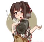  :o breath brown_eyes brown_hair hair_ribbon ise_(kantai_collection) japanese_clothes kantai_collection latex miko open_mouth red_ribbon ribbon rutsubo short_hair simple_background skin_tight solo sweatdrop undressing white_background 