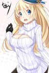  alternate_costume artist_name atago_(kantai_collection) beret black_gloves blonde_hair blue_eyes blush breasts cleavage cleavage_cutout gloves hat highres kantai_collection large_breasts long_hair looking_at_viewer meme_attire open-chest_sweater open_mouth pantyhose ribbed_sweater solo sweater toki/ turtleneck upper_body 