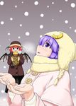  alternate_costume bat_wings black_skirt blush brown_eyes buttons coat crescent crescent_moon_pin eating food hat head_wings heavy_breathing holding holding_food koakuma long_skirt long_sleeves looking_up multiple_girls parted_lips patchouli_knowledge poronegi purple_eyes purple_hair red_hair scarf skirt smile snow snowing standing sweater sweet_potato touhou wings winter_clothes yakiimo 