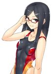  adjusting_hair black_eyes breasts collarbone competition_swimsuit covered_navel glasses hair_ornament hairclip highleg highleg_swimsuit katagiri_(a1466502) long_hair looking_at_viewer navel one-piece_swimsuit original red-framed_eyewear semi-rimless_eyewear simple_background small_breasts smile solo swimsuit under-rim_eyewear white_background 