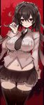  bad_id bad_pixiv_id black_hair black_legwear blush breasts cowboy_shot filia_(skullgirls) k_(li) large_breasts long_hair navel necktie plump red_background red_eyes samson_(skullgirls) school_uniform skirt skullgirls solo thighhighs zettai_ryouiki 