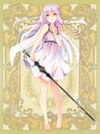  bare_shoulders barefoot dennryuurai dress gradient_hair long_hair multicolored_hair psychic_hearts purple_hair red_eyes solo sword weapon 