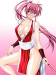  bare_shoulders blue_eyes breasts cleavage cosplay fatal_fury gradient gradient_background highres large_breasts long_hair lyrical_nanoha mahou_shoujo_lyrical_nanoha mahou_shoujo_lyrical_nanoha_a's pelvic_curtain pink_background pink_hair ponytail sen_(sansui) shiranui_mai shiranui_mai_(cosplay) signum solo sweatdrop the_king_of_fighters very_long_hair 