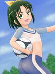  ass ball blush bodypaint breasts green_eyes green_hair looking_at_viewer midorikawa_nao naked_paint nipples nude open_mouth painted_clothes ponytail precure small_breasts smile smile_precure! soccer_ball solo suenaga_(progressive) twisted_torso 