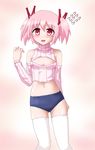  bare_shoulders cleavage_cutout detached_sleeves flying_sweatdrops hayashiya_zankurou kaname_madoka looking_at_viewer mahou_shoujo_madoka_magica meme_attire midriff navel open-chest_sweater open_mouth pink_eyes pink_hair ribbed_sleeves ribbed_sweater sleeveless sleeveless_turtleneck smile solo sweater thighhighs turtleneck twintails white_legwear 