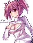  blush breasts cleavage cleavage_cutout completion_time hair_ribbon kaname_madoka mahou_shoujo_madoka_magica maullarmaullar medium_breasts meme_attire open-chest_sweater pink_eyes pink_hair ribbed_sweater ribbon short_twintails skirt solo sweater turtleneck twintails twitter_username upper_body 