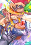  1boy 2014 6+boys alternate_costume birthday bow bracelet brook cyborg dark_skin eyes_closed fork formal franky gloves hat jewelry jippei lei meat monkey_d_luffy mulitple_boys multiple_boys multiple_girls nami nami_(one_piece) nico_robin one_piece pinch pinching portgas_d_ace roronoa_zoro sabo_(one_piece) sanji skeleton smile solo_focus straw_hat suit time_paradox usopp 