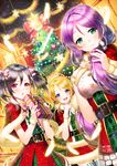  :d :o aile_(crossroads) ayase_eli bauble black_hair blonde_hair blue_eyes blue_legwear blush bow box breasts candy candy_cane capelet christmas christmas_tree cowboy_shot feathers food gift gift_box green_eyes holding holding_gift looking_at_viewer love_live! love_live!_school_idol_project medium_breasts multiple_girls open_mouth purple_hair red_eyes smile snowflakes standing striped striped_legwear thighhighs toujou_nozomi twintails vertical-striped_legwear vertical_stripes yazawa_nico yellow_bow 