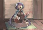  biwa_lute brown_dress chain closed_eyes cuffs dress flower hair_flower hair_ornament ichiba_youichi instrument long_hair long_sleeves low_twintails lute_(instrument) music purple_hair shackles shirt singing sitting solo touhou tsukumo_benben twintails very_long_hair 