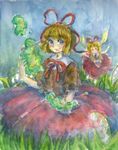  blonde_hair blue_eyes blush bow dress flower grass hair_bow hair_ribbon highres lily_of_the_valley medicine_melancholy outdoors piyo_(piyoko528) poison ribbon short_hair short_sleeves skirt smile solo su-san touhou traditional_media watercolor_(medium) 