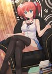  ahoge aqua_eyes bare_shoulders black_legwear blush book breasts chair crossed_legs daitoshokan_no_hitsujikai highres kazenokaze kodachi_nagi medium_breasts no_shoes red_hair short_hair sitting skirt smile solo thighhighs twintails 