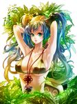  absurdres arms_behind_head bikini_top blue_hair breasts green_eyes highres jewelry large_breasts league_of_legends long_hair md5_mismatch necklace smile solo sona_buvelle twintails underboob waterring 