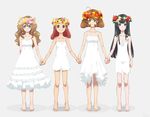  barefoot black_hair blue_eyes brown_hair dress expressionless flower full_body galibo green_eyes holding_hands kano_momiji_(galibo) leaf lingerie long_hair matou_yukino_(galibo) multiple_girls original poinsettia precure purple_eyes short_hair standing tarano_may_(galibo) uchiage_hanabi_(galibo) underwear white_background white_dress wreath 