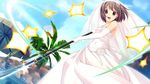  1girl brown_eyes brown_hair dress elbow_gloves game_cg gloves highres kitami_minamo koutaro open_mouth short_hair tropical_kiss tropical_vacation twinkle_(company) twinkle_soft wedding_dress 