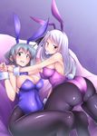  animal_ears ass blue_eyes blue_hair blush breasts bunny_ears bunnysuit condom condom_in_mouth fake_animal_ears fishnet_pantyhose fishnets hand_on_another's_shoulder hidamari_sketch highres kagami_uekusa large_breasts long_hair looking_at_viewer looking_back matsuri_(hidamari_sketch) medium_breasts mouth_hold multiple_girls nipples nori open_mouth pantyhose parted_lips red_eyes sitting sweatdrop twintails wrist_cuffs 