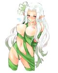  arms_behind_back blush breasts cropped_legs dragon_collection flower hair_flower hair_ornament large_breasts long_hair nipples pointy_ears red_eyes simple_background solo tears white_background white_hair yagi_(ningen) 
