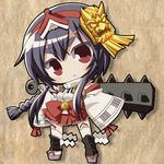  :&lt; black_hair brown_background chibi club geta hair_ornament hairband hairpin head_tilt kozukata_(oshiro_project) looking_at_viewer osaragi_mitama oshiro_project red_eyes short_hair_with_long_locks sidelocks simple_background socks solo spiked_club standing tabi tassel weapon white_legwear 