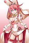  blue_eyes breasts cleavage dress dress_lift elphelt_valentine garter_straps gloves guilty_gear guilty_gear_xrd headband headdress large_breasts long_sleeves looking_at_viewer open_mouth pink_hair ray-akila short_hair smile solo thighhighs 