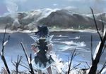  blue_dress blue_hair blue_sky bow cirno day dress hair_bow hands_on_hips ice ice_wings ichiba_youichi lake mountain puffy_short_sleeves puffy_sleeves shirt short_sleeves sky solo touhou wings 