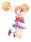  :d ahoge armpits arms_up bad_id bad_pixiv_id cheerleader cleavage_cutout crop_top crop_top_overhang highres ibuki_tsubasa idolmaster idolmaster_million_live! jumping looking_at_viewer midriff miniskirt navel open_mouth orange_hair pleated_skirt pom_poms purple_eyes shoes short_hair shorts shorts_under_skirt simple_background skirt smile solo white_background yoshito 