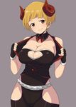  black_gloves blonde_hair breasts cleavage demon_horns fingerless_gloves fukuda_noriko gloves grey_background horns idolmaster idolmaster_million_live! large_breasts nash_(na-si) orange_eyes short_hair simple_background smile solo 