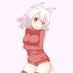  a-ktoo animal_ears blush breasts fox_ears highres looking_at_viewer medium_breasts original red_eyes ribbed_sweater short_hair simple_background solo sweater tail white_hair 