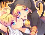  1girl animal_ears animal_hood blonde_hair blue_eyes brother_and_sister cat_ears cat_tail highres hood kagamine_len kagamine_rin school_uniform siblings tail temari_(deae) twins vocaloid 