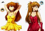  1girl anger_vein annoyed armpits arms_up bare_shoulders black_hair blue_eyes blush breasts cleavage dress dual_persona earrings fork_in_mouth gloves hair_ornament hairu ikari_shinji jewelry long_hair looking_up neon_genesis_evangelion orange_hair plate red_dress shikinami_asuka_langley shiny shiny_skin short_hair small_breasts souryuu_asuka_langley thought_bubble twintails yellow_dress 