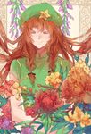  absurdres blooming blurry braid chinese_clothes closed_eyes depth_of_field flower green_hat hat highres hong_meiling long_hair peony_(flower) red_hair short_sleeves sketch smile solo star sunyuqian touhou twin_braids upper_body very_long_hair 