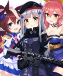  animal_ears caster_(fate/extra) cleavage crossover fate/grand_order girls_frontline gun hk416_(girls_frontline) japanese_clothes ohshit seifuku thighhighs toukai_teio uma_musume_pretty_derby 