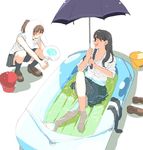  ^_^ ^o^ barefoot black_hair blush brown_hair bucket closed_eyes fan inflatable_raft legwear_removed loafers long_hair multiple_girls ousawa_yayoi paper_fan partially_submerged pleated_skirt school_uniform shoes shoes_removed simple_background sitting skirt smile socks squatting toes towel uchiwa umbrella water wet white_background yuri 