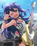  ;d ahoge aqua_eyes audience bass_guitar earrings idolmaster idolmaster_million_live! instrument jewelry long_hair mochizuki_anna official_art one_eye_closed open_mouth purple_hair smile solo_focus sweat v-shaped_eyebrows 