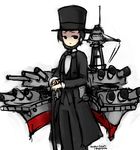  america battleship beard black_hair bow bowtie cane cannon coat commentary facial_hair flandre495 formal gothic hat holding kantai_collection looking_at_viewer making_of mecha_musume military military_vehicle open_mouth original red_eyes reverse_trap ship short_hair signature simple_background solo suit top_hat us_navy uss_pennsylvania_(bb-38) victorian warship watercraft white_background 